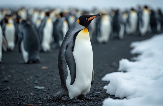 A single King penguin stands on dark volcanic ground. A large group of blurry penguins stands in the background. White snow patches are visible. The bird looks right on a cold winter day.