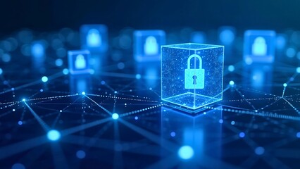 Glowing Padlock Inside a Digital Data Cube, Connected in a Futuristic Network, Symbolizing Cybersecurity and Blockchain