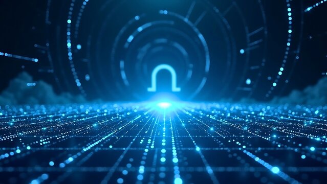 Abstract High-Speed Data Background: Blue Neon Light Line Tunnel and Futuristic Gateway for Digital Transfer