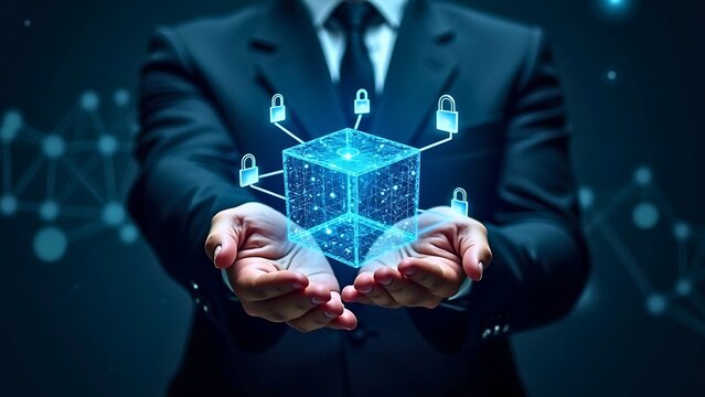 A businessman in a suit holding a glowing blue digital cube with padlock icons, representing blockchain technology and data security.