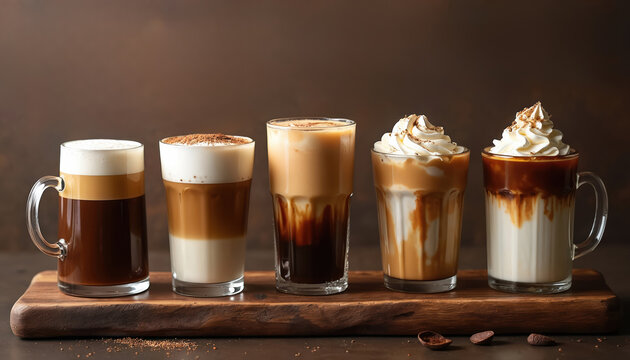 Collection of five layered coffee drinks in glasses and mug. Creamy latte, mocha, americano, macchiato beverages arranged on rustic wooden board. Warm comforting caffeine drinks for morning.