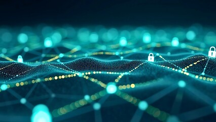 Digital network with glowing connections, padlock icons, and a prominent secure data path, illustrating cybersecurity and data protection.