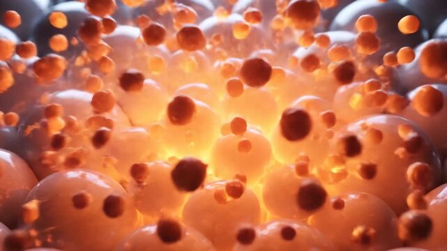 3D macro visualization of white fat globules igniting into fiery orange particles from a cold signal.