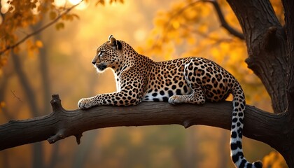 Leopard rests on branch in forest. Wild cat with black spots lies in a tree. Predator relaxes in nature. African wildlife animal hunts at wild nature savanna. Safari theme. Zoo scene.