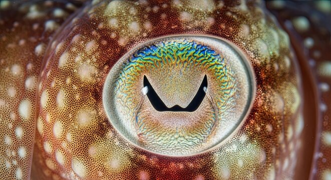 Close-up of a vibrant cuttlefish eye with intricate patterns.