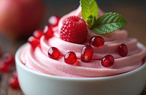 Close up of creamy pink frozen yogurt in pristine white bowl. Features plump fresh red raspberry, shiny ruby pomegranate seeds, vibrant green mint leaf. Healthy sweet dessert perfect for summer