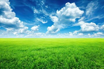Fototapeta premium Vibrant Green Meadow Under a Bright Blue Sky with Puffy White Clouds