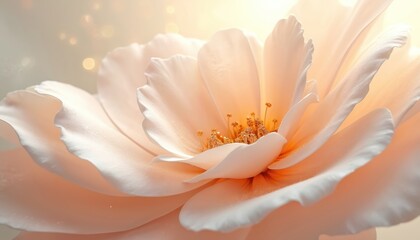 Fototapeta premium Close up of a delicate peach and cream flower. Soft petals unfurl towards warm golden light. Center stamen detail adds texture. Gentle, airy, romantic bloom.