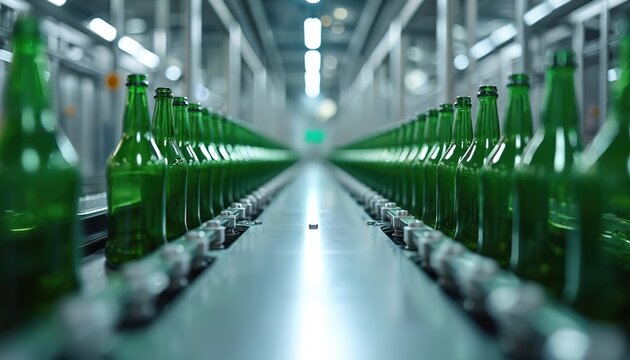 Green glass bottles move on automated conveyor belt system in modern factory. Industrial production line shows efficiency, robotic precision for beverage manufacturing. Empty containers prepare for