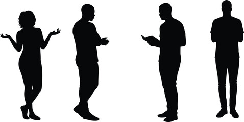 Standing people silhouette, body language poses, black vector illustration, confused gesture, reading posture, crossed arms, casual stance, human figure