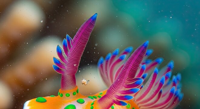 Colorful Nudibranch Sea Slug with Striking Purple and Blue Gills.