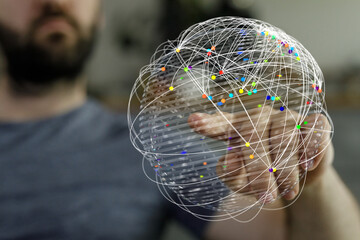 Concept image of a hand holding a glowing globe with interconnected lines. Symbolizing global...