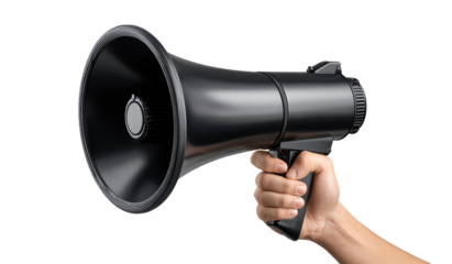 A hand holding a megaphone isolated on transparent background