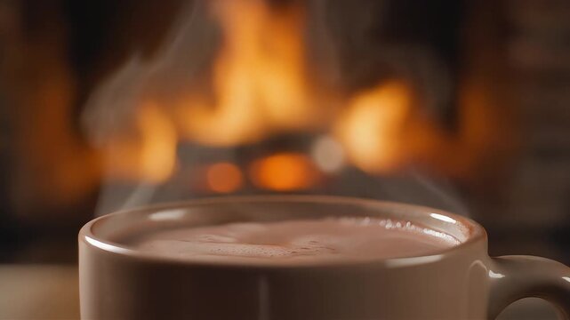 Cozy winter background, steaming hot drink by the fire