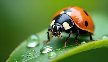 Fototapeta premium Ladybug sits on leaf with water drops. Red insect with black spots in nature. Close up photo of ladybird on green plant. Summer time macro photo.