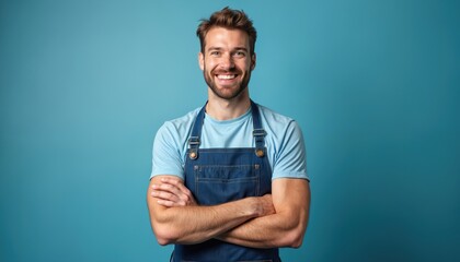 Smiling man in blue apron crosses arms. Young male entrepreneur or small biz owner stands against solid aqua studio backdrop. Handsome adult shows workwear uniform outfit. Positive emotions on face.