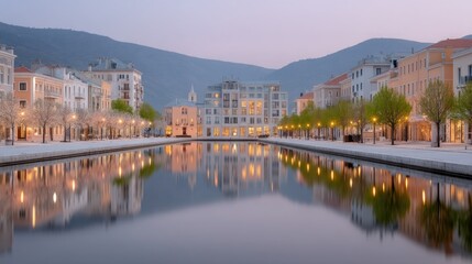 Obraz premium Twilight View Of A Quaint Riverside Town With Buildings Reflecting In Calm Water And Warm Lights Illuminating The Evening Sky Above Hills