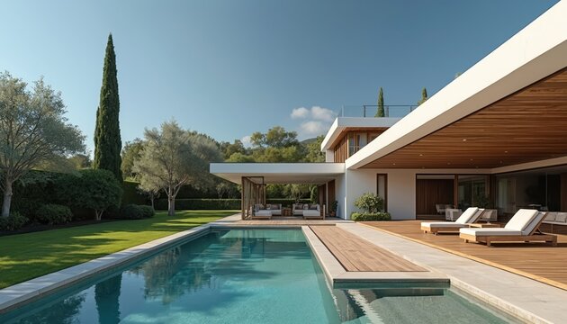 Luxury home exterior near swimming pool shows modern architecture. Villa has garden with green lawn, blue sky. Deck chairs stand on terrace. Residential building design features outdoor living area.