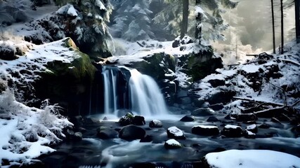 A digital painting of a serene winter forest scene with a waterfall and misty atmosphere.