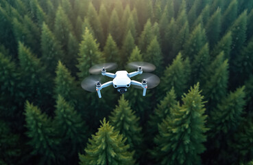 Drone flies over dense green tree tops forest. Modern unmanned aircraft films, monitors woodland. Airial monitoring of nature, environment condition by quadcopter for efficient forestry, agriculture.