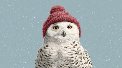 Fototapeta premium A delightful snowy owl dons a warm knitted red beanie, showcasing a playful personality