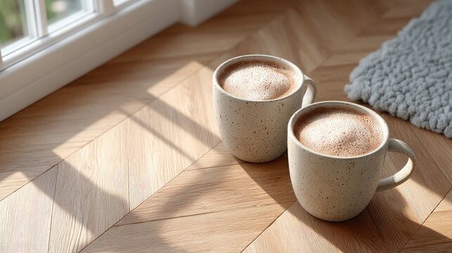 Two ceramic mugs filled with frothy hot chocolate sit on a warm wooden parquet floor bathed in soft sunlight creating a cozy morning atmosphere with a fluffy white rug in the background