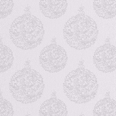 Elegant embossed pattern of ornate Christmas ornaments on a light gray textured background, ideal for luxury holiday wrapping paper, cards, and festive decorative designs.
