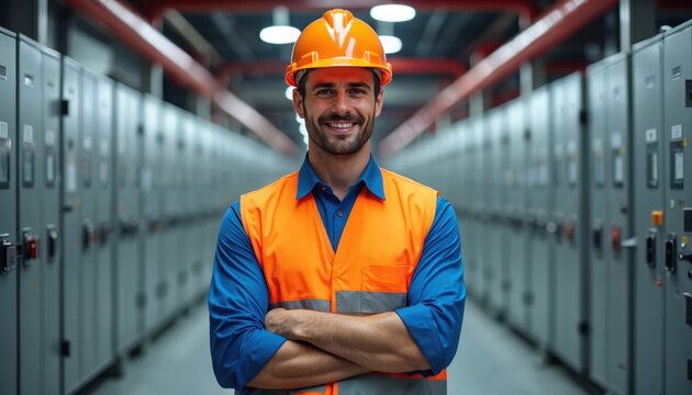 Smiling man in hard hat and safety vest stands with arms crossed in electrical control room. Electrical engineer works with modern tech equipment.