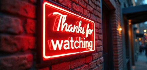 Red neon sign saying Thanks for watching glows on brick wall. Modern urban aesthetic with vibrant urban setting visible. Great for vlogs, streams, or any content end screens.