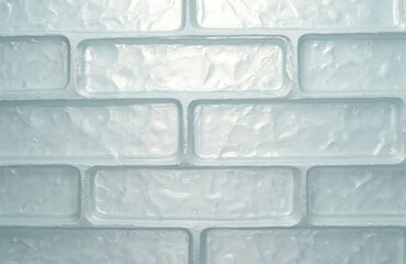 White glass brick wall texture close up. Seamless pattern of transparent blocks reflects light. Wavy, clear surfaces create abstract design. Modern interior architecture material, futuristic