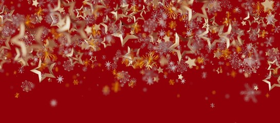 Christmas background with golden stars and snowflakes on a red background. Perfect for holiday greetings and festive designs. Holiday © vegefox.com