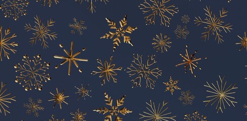 Elegant gold snowflake pattern on a dark blue background perfect for Christmas and winter designs. Ideal for backgrounds, invitations, and holid