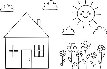 Whimsical dream house with sunshine and flowers, perfect for coloring books