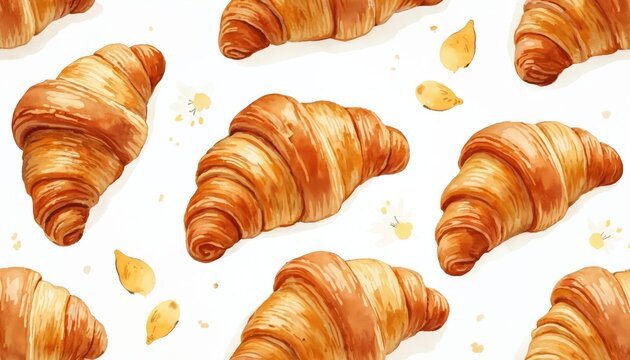 Watercolor illustration of golden brown croissants on white background. Flaky pastry pattern with scattered crumbs. Delicious breakfast bakery food design. Sweet, appetizing illustration for culinary