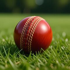 Cricket ball resting on short green grass with blurred background.