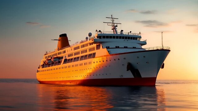 Aerial view of a large cruise ship during sunset over water, with a gradient sky transitioning from orange to blue. The ships hull is predominantly white with red accents.