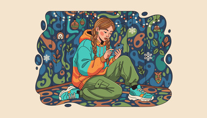 Cozy young woman uses smartphone in a festive abstract setting Lifestyle technology and casual comfort