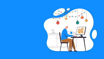 Senior man shopping online for holiday deals at home on a computer flat vector illustration