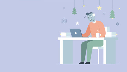 Stressed man working through holiday deadlines surrounded by paperwork and laptop