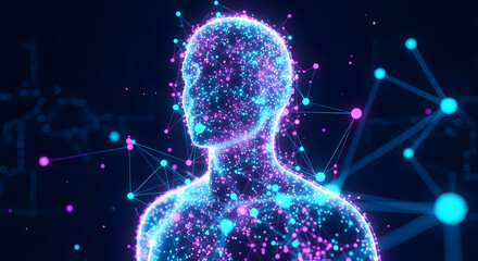 Abstract glowing human figure formed by interconnected particles, representing artificial intelligence, digital consciousness, and the fusion of technology with human identity in a futuristic network