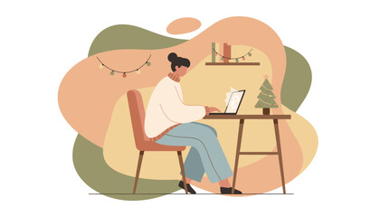 Woman working on laptop in a cozy festive home office Remote work and holiday productivity
