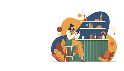 Stylish woman using phone at a bar counter with autumn decor Digital communication concept