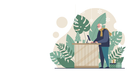 Senior man works on a computer surrounded by tropical leaves and Christmas decor Holiday business