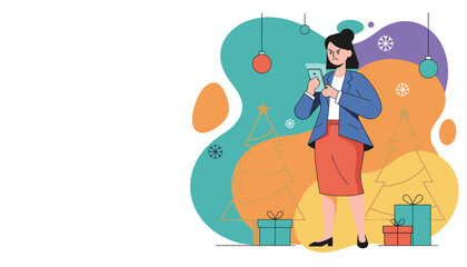 Angry businesswoman using phone among festive decorations and gifts
