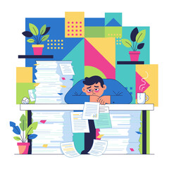 Overworked businessman buried in stacks of paperwork suffering from stress and exhaustion