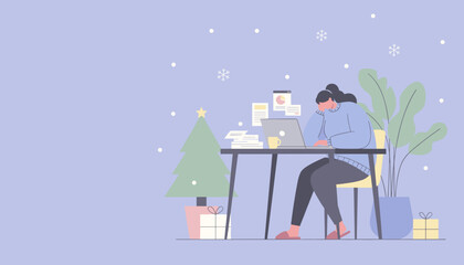 Tired woman works on laptop surrounded by documents and Christmas decor in winter