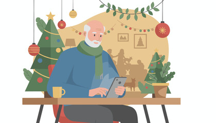 Senior man using phone celebrating Christmas holidays at home Digital connection illustration