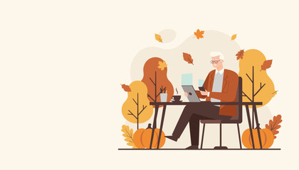 Stylish senior man using tablet and smartphone for remote work in a cozy autumn park illustration