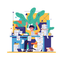 Stressed worker overwhelmed by huge piles of paperwork and deadlines in a chaotic office