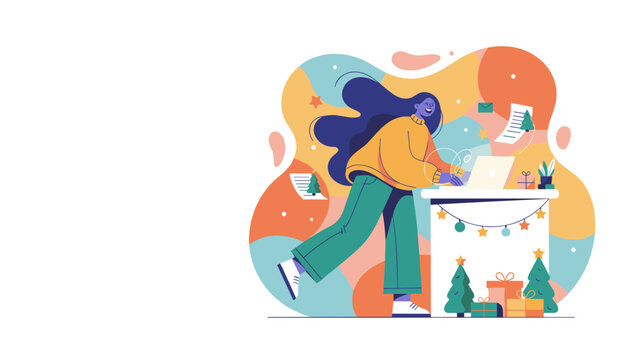 Young woman sending holiday greetings and working online during the festive Christmas season - Powered by Adobe